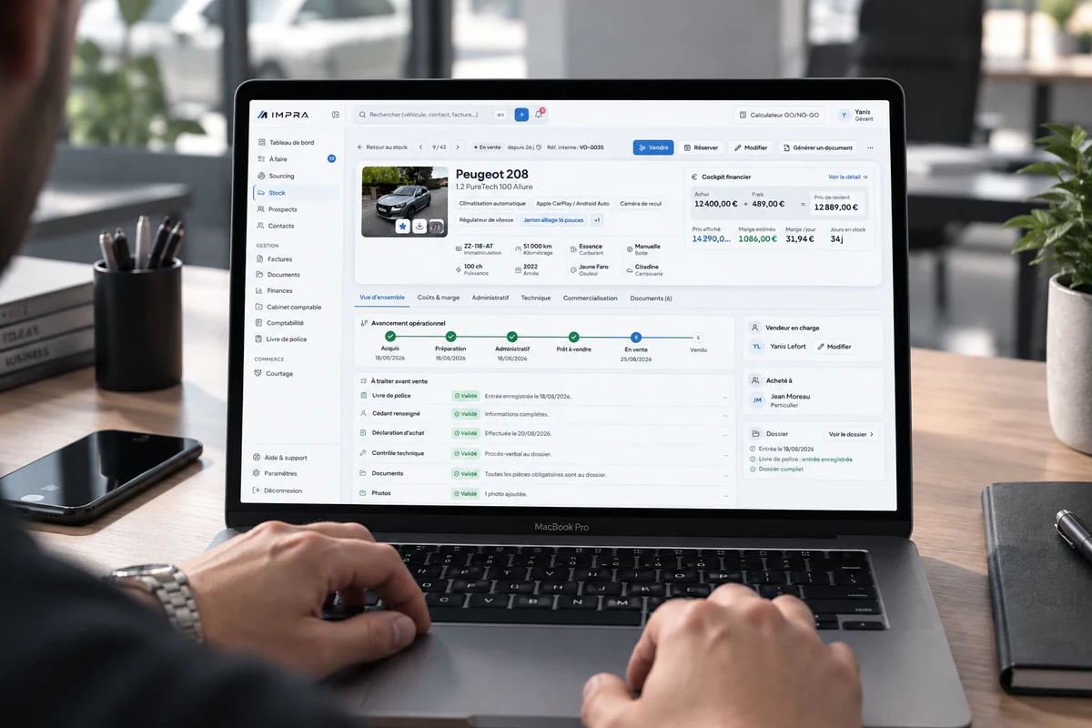 Au bureau : la fiche de la Peugeot 208 ouverte dans l'application web IMPRA sur le MacBook — photo du véhicule, cockpit financier (achat 12 400 €, frais 489 €, prix de revient 12 889 €, marge estimée 1 086 €), avancement de l'achat à la vente et points à traiter validés