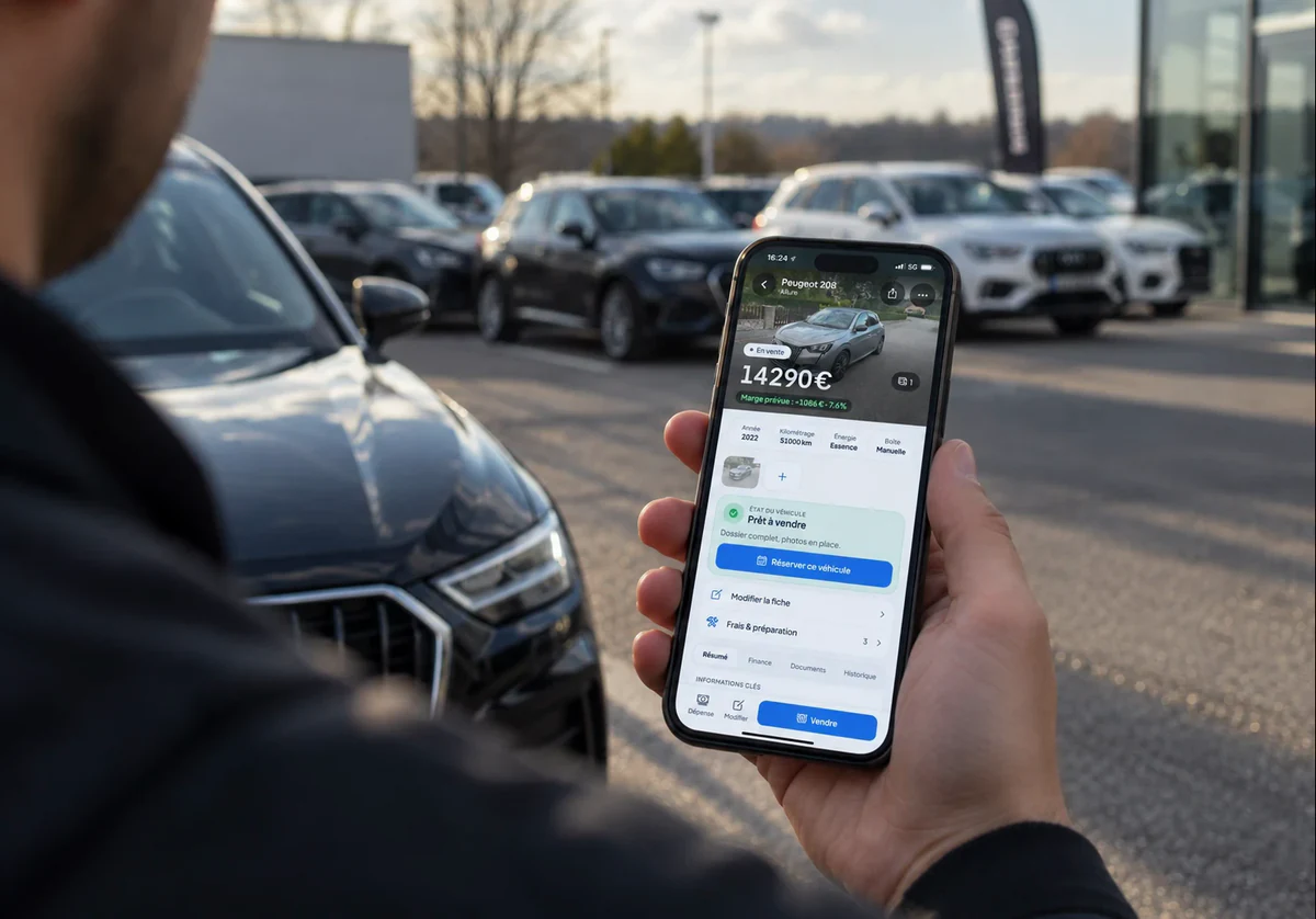 Sur le parc, devant un véhicule : la fiche de la Peugeot 208 ouverte dans l'application mobile IMPRA — en vente 14 290 €, marge prévue +1 086 €, prête à vendre, dossier complet